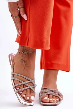 Damskie Klapki Z Paseczkami I Dżetami Srebrne Leomi