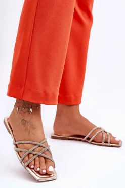 Damskie Klapki Z Paseczkami I Dżetami Złote Leomi