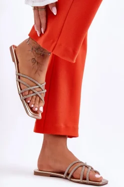 Damskie Klapki Z Paseczkami I Dżetami Złote Leomi