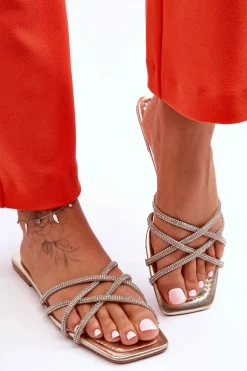 Damskie Klapki Z Paseczkami I Dżetami Złote Leomi