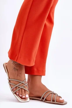 Damskie Klapki Z Paseczkami I Dżetami Złote Leomi