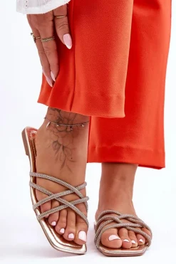 Damskie Klapki Z Paseczkami I Dżetami Złote Leomi