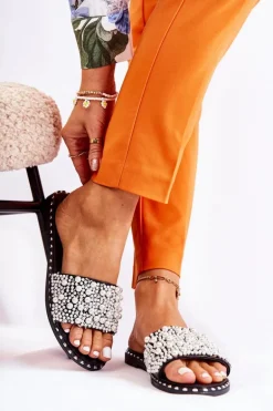 Damskie Klapki Z Perełkami Czarne Vamero