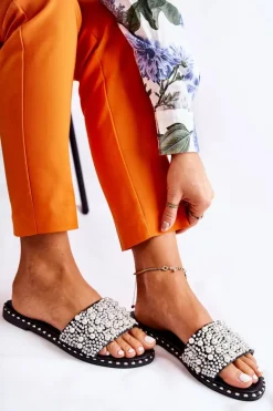 Damskie Klapki Z Perełkami Czarne Vamero