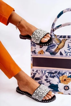 Damskie Klapki Z Perełkami Czarne Vamero