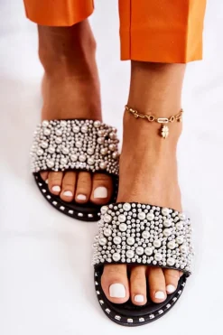 Damskie Klapki Z Perełkami Czarne Vamero