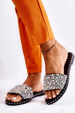 Damskie Klapki Z Perełkami Czarne Vamero