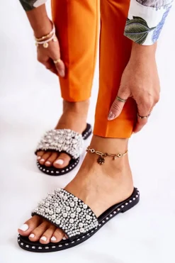 Damskie Klapki Z Perełkami Czarne Vamero