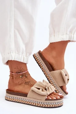 Damskie Klapki Zamszowe Z Kokardą Beżowe Lauria