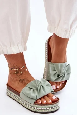 Damskie Klapki Zamszowe Z Kokardą Zielone Lauria