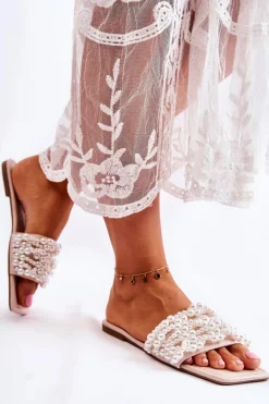 Damskie Klasyczne Klapki Z Perłami Beżowe Calipso