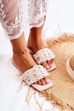 Damskie Klasyczne Klapki Z Perłami Beżowe Calipso