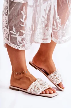 Damskie Klasyczne Klapki Z Perłami Beżowe Calipso