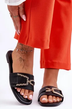 Damskie Klasyczne Klapki Z Ozdobą Czarne Impressive