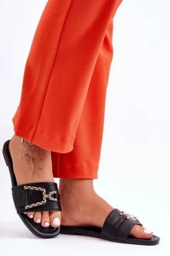 Damskie Klasyczne Klapki Z Ozdobą Czarne Impressive