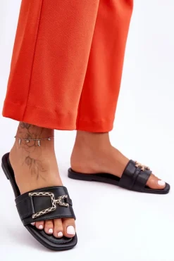 Damskie Klasyczne Klapki Z Ozdobą Czarne Impressive