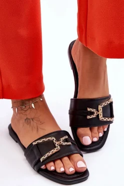 Damskie Klasyczne Klapki Z Ozdobą Czarne Impressive