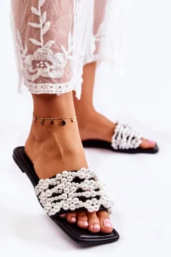 Damskie Klasyczne Klapki Z Perłami Czarne Calipso