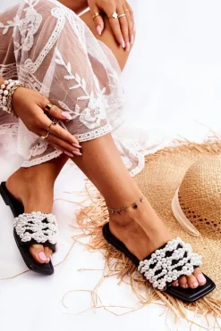 Damskie Klasyczne Klapki Z Perłami Czarne Calipso