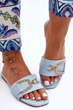 Damskie Klasyczne Klapki Z Ozdobą Niebieskie Impressive