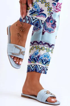 Damskie Klasyczne Klapki Z Ozdobą Niebieskie Impressive