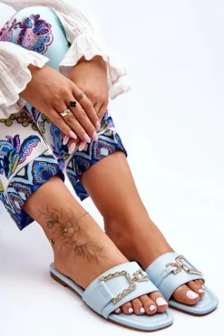 Damskie Klasyczne Klapki Z Ozdobą Niebieskie Impressive