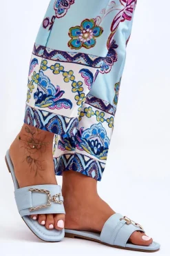 Damskie Klasyczne Klapki Z Ozdobą Niebieskie Impressive