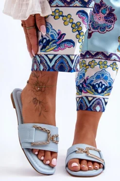 Damskie Klasyczne Klapki Z Ozdobą Niebieskie Impressive