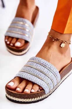 Damskie Klasyczne Klapki Z Łańcuszkiem Niebieskie Maddy