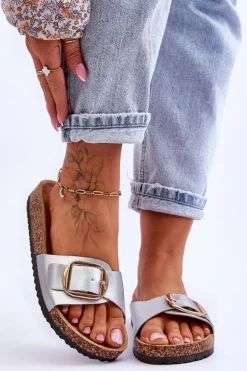 Damskie Klasyczne Klapki Na Korkowej Platformie Srebrne Noa