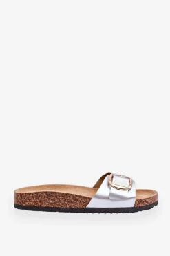 Damskie Klasyczne Klapki Na Korkowej Platformie Srebrne Noa