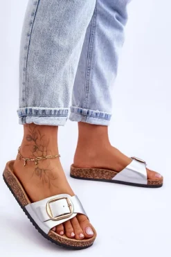 Damskie Klasyczne Klapki Na Korkowej Platformie Srebrne Noa