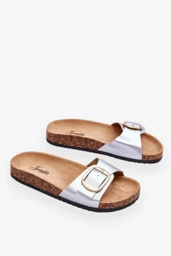 Damskie Klasyczne Klapki Na Korkowej Platformie Srebrne Noa