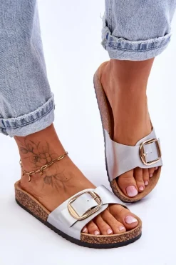 Damskie Klasyczne Klapki Na Korkowej Platformie Srebrne Noa