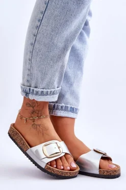 Damskie Klasyczne Klapki Na Korkowej Platformie Srebrne Noa