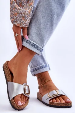 Damskie Klasyczne Klapki Na Korkowej Platformie Srebrne Noa