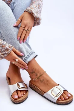 Damskie Klasyczne Klapki Na Korkowej Platformie Srebrne Noa