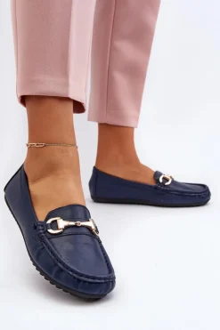 Damskie Klasyczne Mokasyny Eko Skórzane Granatowe Demese
