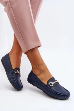 Damskie Klasyczne Mokasyny Eko Skórzane Granatowe Demese