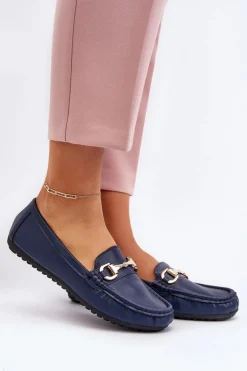 Damskie Klasyczne Mokasyny Eko Skórzane Granatowe Demese