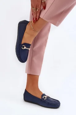 Damskie Klasyczne Mokasyny Eko Skórzane Granatowe Demese