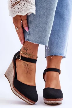 Damskie Klasyczne Sandały Na Koturnie Czarne Malani