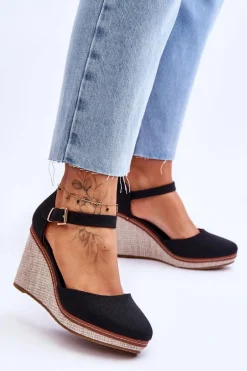 Damskie Klasyczne Sandały Na Koturnie Czarne Malani