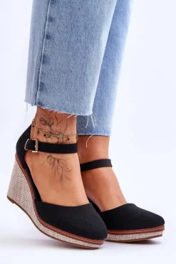 Damskie Klasyczne Sandały Na Koturnie Czarne Malani