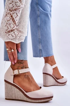 Damskie Klasyczne Sandały Na Koturnie Beżowe Malani