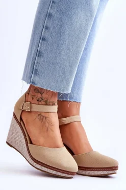 Damskie Klasyczne Sandały Na Koturnie Ciemnobeżowe Malani