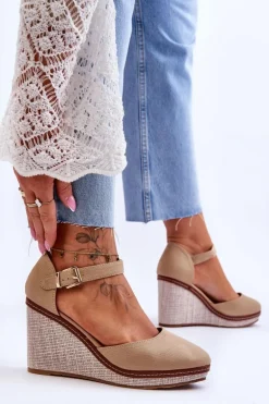 Damskie Klasyczne Sandały Na Koturnie Ciemnobeżowe Malani