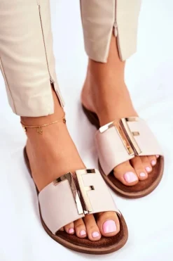 Damskie Klasyczne Skórzane Klapki Beżowe Adele