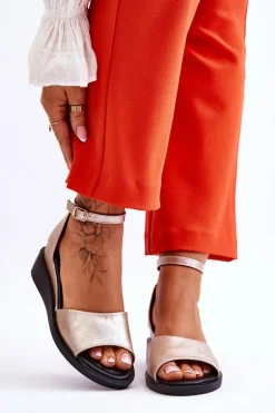 Damskie Klasyczne Skórzane Sandały Na Koturnie Złote Truett