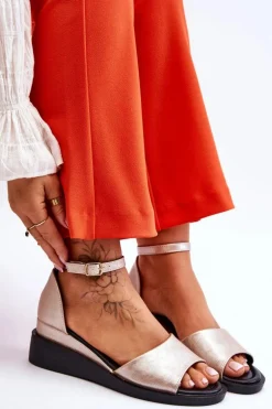 Damskie Klasyczne Skórzane Sandały Na Koturnie Złote Truett